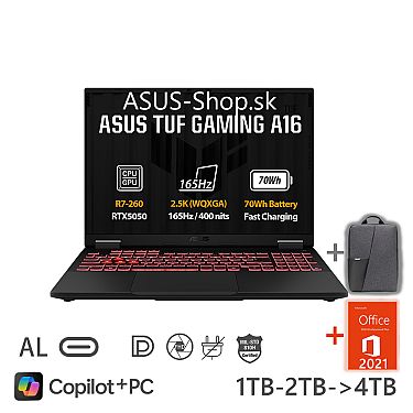 ASUS TUF Gaming A16 FA608UHI 2.5K R7-260 RTX5050/8G 16GB 1TB SSD W11H šedý bez adap ASUS TUF Gaming A16 FA608UHI 2.5K R7-260 RTX5050/8G 16GB 1TB SSD W11H šedý bez adap