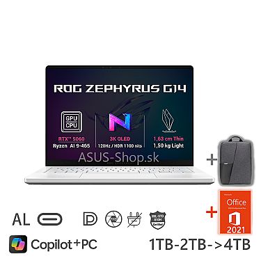 ASUS ROG Zephyrus G14 GA403GM 14 3K AI9-465 RTX5060/8G 32GB 1TB SSD W11Pro biely bez adap ASUS ROG Zephyrus G14 GA403GM 14 3K AI9-465 RTX5060/8G 32GB 1TB SSD W11Pro biely bez adap