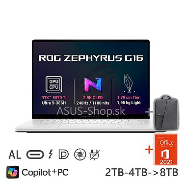 ASUS ROG Zephyrus G16 GU606AR 2.5K Ultra 9-386H RTX5070Ti/12G 32GB 1TB SSD W11H biely bez adap ASUS ROG Zephyrus G16 GU606AR 2.5K Ultra 9-386H RTX5070Ti/12G 32GB 1TB SSD W11H biely bez adap