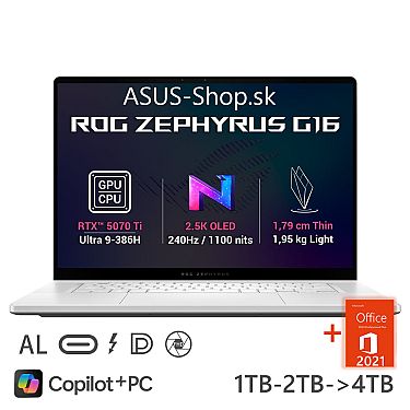 ASUS ROG Zephyrus G16 GU606AR 2.5K Ultra 9-386H RTX5070Ti/12G 32GB 1TB SSD W11H biely bez adap