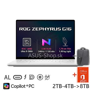 ASUS ROG Zephyrus G16 GU606AX 2.5K Ultra 9-386H RTX5090/24G 64GB 1TB SSD W11H biely bez adap ASUS ROG Zephyrus G16 GU606AX 2.5K Ultra 9-386H RTX5090/24G 64GB 1TB SSD W11H biely bez adap