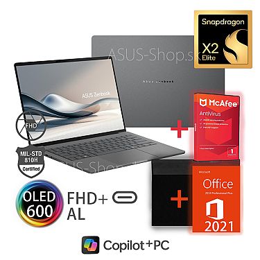 ASUS Zenbook A14 UX3407NA 14 OLED FHD+ Snapdragon X2 Elite 88-100 Adreno 512GB SSD 16GB Win11H šedý