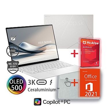 ASUS Zenbook S14 OLED UX5406SA 14 3K dotyk Ultra 7-258V Arc™ 512GB SSD 32GB Win11Pro biely bez adap ASUS Zenbook S14 OLED UX5406SA 14 3K dotyk Ultra 7-258V Arc™ 512GB SSD 32GB Win11Pro biely bez adap