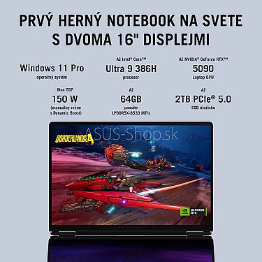 ASUS ROG Zephyrus Duo 16 GX651AX 3K dotyk Ultra 9-386H RTX5090/24G 64GB 2TB SSD W11Pro šedý