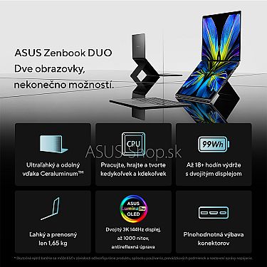 ASUS Zenbook DUO UX8407AA 14 3K dotyk Ultra X9-378H Arc™ 1TB 32GB W11H šedý bez adap ASUS Zenbook DUO UX8407AA 14 3K dotyk Ultra X9-378H Arc™ 1TB 32GB W11H šedý bez adap