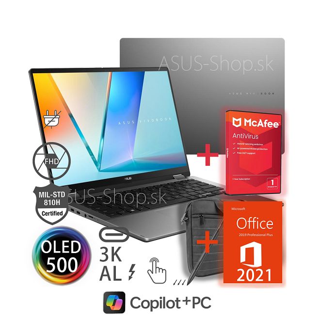 ASUS Vivobook 14 Flip OLED TP3407SA FHD+ dotyk Ultra 5-226V Arc™ 512GB SSD 16GB W11H šedý bez adap ASUS Vivobook 14 Flip OLED TP3407SA FHD+ dotyk Ultra 5-226V Arc™ 512GB SSD 16GB W11H šedý bez adap