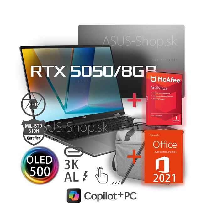ASUS Vivobook 16 Flip OLED TP3607SH 3K dotyk Ultra 7-258H RTX5050/8G 1TB SSD 32GB W11Pro šedý