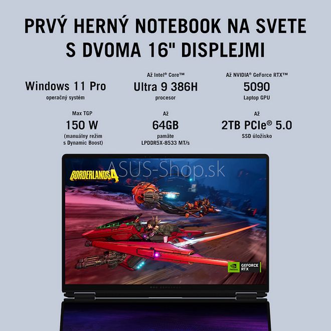 ASUS ROG Zephyrus Duo 16 GX651AX 3K dotyk Ultra 9-386H RTX5090/24G 64GB 2TB SSD W11Pro šedý