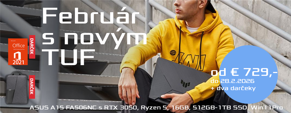 Február v znamení zliav a darčekov navyše. Legendárny ASUS TUF Gaming A15 FA506 teraz za výnimočnú cenu. Poslúži na hranie alebo aj ako výkonný kancelársky stroj, prípadne grafická stanica. Office 2021 Pro a ASUS batoh k tomu. Február v znamení zliav a darčekov navyše. Legendárny ASUS TUF Gaming A15 FA506 teraz za výnimočnú cenu. Poslúži na hranie alebo aj ako výkonný kancelársky stroj, prípadne grafická stanica. Office 2021 Pro a ASUS batoh k tomu.