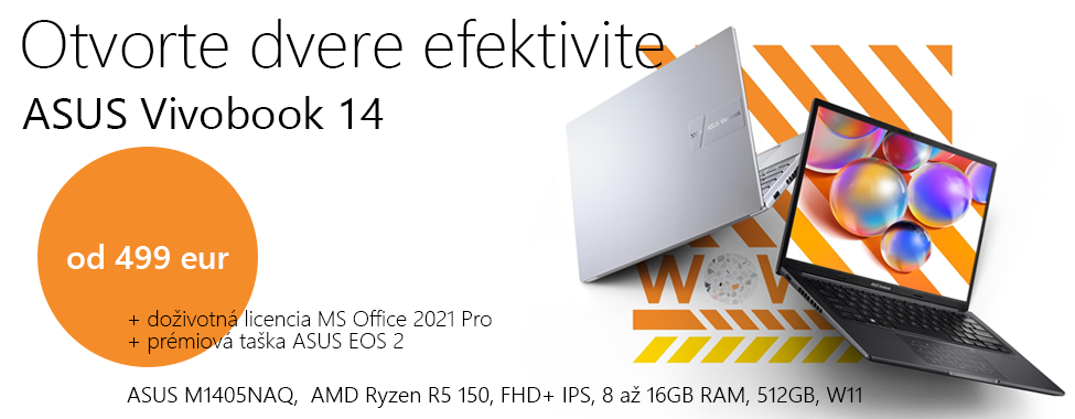 ASUS Vivobook 14 s výkonným procesorom AMD Ryzen R5. Otvorte dvere efektivite. Už od 499 eur a s darčekmi navyše.