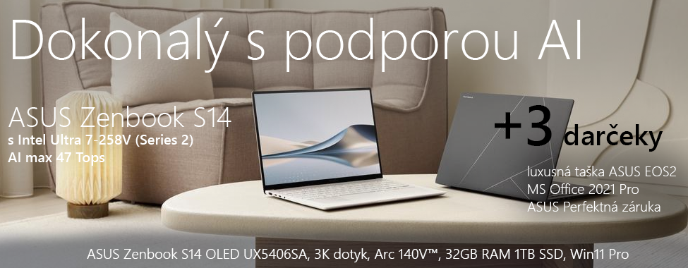 Skladom opäť obľúbený ASUS Zenbook S14 OLED s podporou AI. Pri hrúbke iba 1,19 centimetra a 1,2 kilogramu ponúkne nevídaný výkon vďaka Intel Core Ultra 7 (Series 2) procesoru a grafickému jadru Arc 140V™ Skladom opäť obľúbený ASUS Zenbook S14 OLED s podporou AI. Pri hrúbke iba 1,19 centimetra a 1,2 kilogramu ponúkne nevídaný výkon vďaka Intel Core Ultra 7 (Series 2) procesoru a grafickému jadru Arc 140V™
