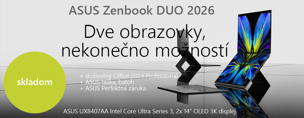 Skladom nový ASUS Zenbook DUO 2026 so skrytým pántom. S exkluzívnymi darčekmi ako doživotná licencia MS Office 2024 Pro a niektorou z exkluzívnych ASUS tašiek alebo batohov.